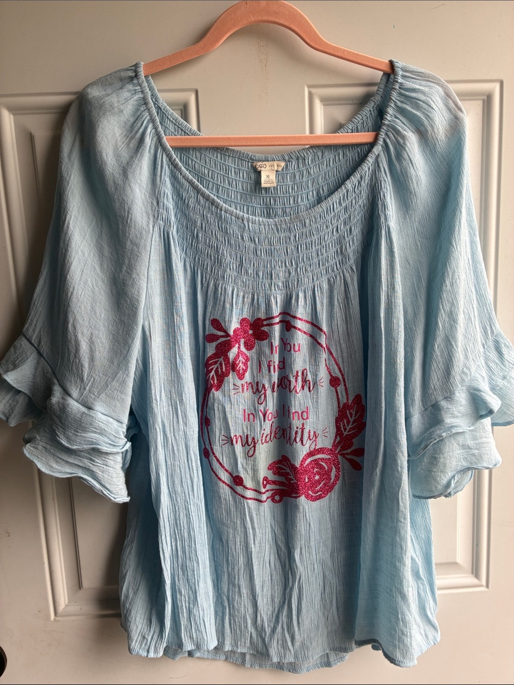 Cato Light Blue Peasant Tunic with Pink Floral Emblem